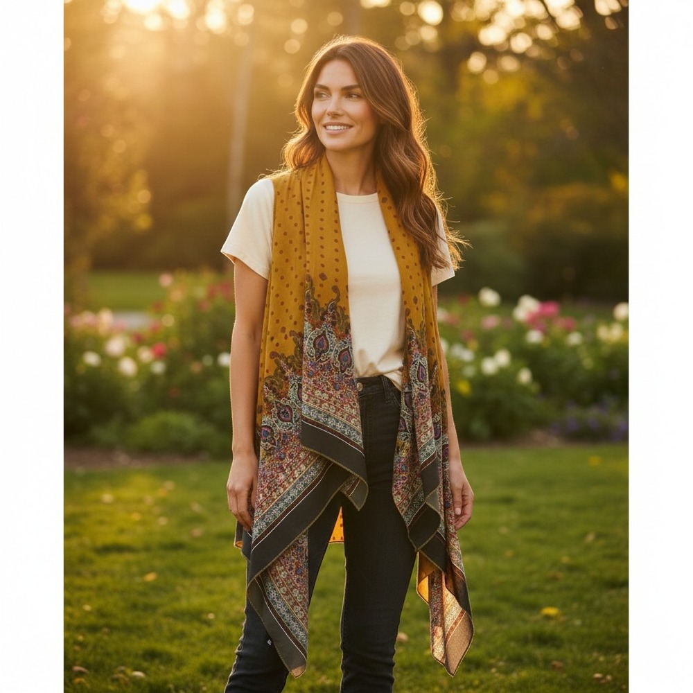 Paisley Open Front Vest Shaw Women One Size Mustard Yellow Boho Paisley